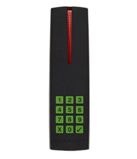 R915-V5C black indoor/outdoor access card reader with red light indicator and green numeric keypad 1-9, X, 0, checkmark butt…