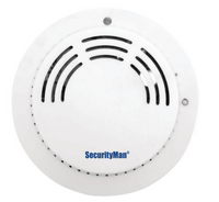 SM-93 wireless smoke sensor with white circular design and black wave pattern indicating detection capability