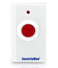 SecurityMan SM-89 wireless panic button with red center button and white surround, featuring RF signal indicators