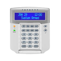 Paradox 32-character hardwired LCD keypad module with blue display screen and numeric keypad buttons for security system con…