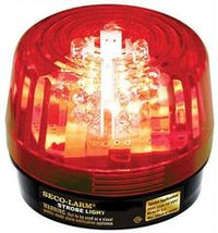 SECO-LARM red strobe light with cross symbol, 6-24VDC, featuring illuminated beacon dome and black base