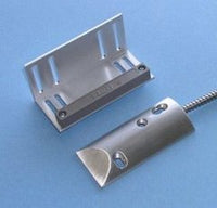 Flair Electronics 3 inch overhead door magnetic contact with metal mounting bracket and sensor probe on blue background