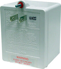 TP2440 24VAC 40VA plugin transformer with green metal housing, dual outlet terminals, and red warning label for low voltage …