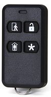 2GIG 4-button key ring remote with black finish showing four function buttons for arming, disarming, home, and emergency con…