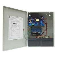 Altronix 12VDC 10 Amp access control power supply with open enclosure showing blue circuit board, wiring connections, and do…
