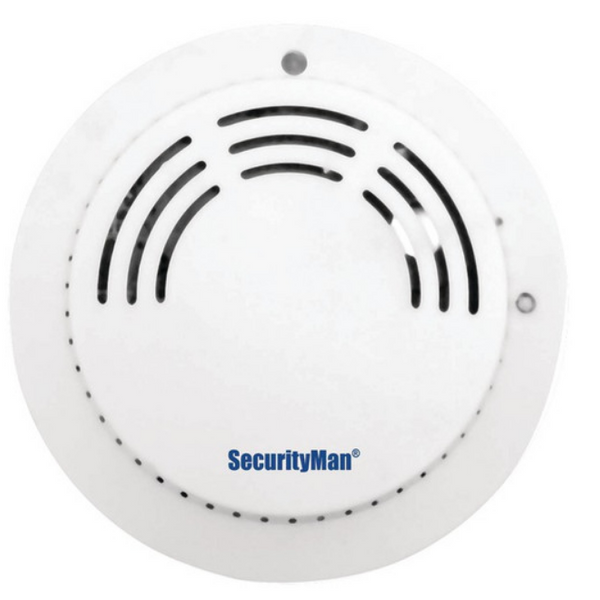 SM-93 wireless smoke sensor with white circular design and black wave pattern indicating detection capability