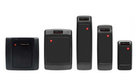 Five black Mifare smartcard contactless readers in increasing sizes with red indicator lights, displayed in a product lineup