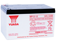 Yuasa NP12-12 12V 12Ah rechargeable lead-acid battery with red and white labeling for backup power systems