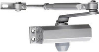 SECO-LARM Enforcer door closer showing top arm and bottom mounting bracket for metal and wood doors